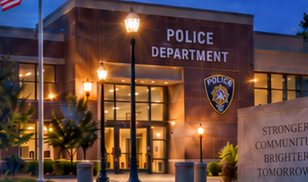 Police department exterior at dusk